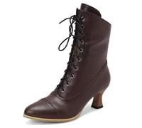 Womens Clásico Cordones Calf Length Victorian Botas Cuero Tacón Luis XV Steampunk Gótico Botas para mujer Niñas Señoras Marrón Numero 41