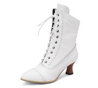Womens Clásico Cordones Calf Length Victorian Botas Cuero Tacón Luis XV Steampunk Gótico Botas para mujer Niñas Señoras Blanco Numero 38