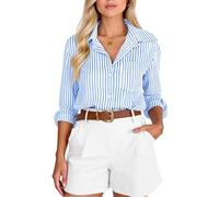 Women's Classic Blue and White Vertical Striped Button Down Shirt Long Sleeve Casual Work Blouse with Chest Pocket Relaxed Fit Office Wear Summer Top