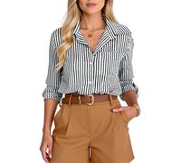 Women's Classic Blue and White Vertical Striped Button Down Shirt Long Sleeve Casual Work Blouse with Chest Pocket Relaxed Fit Office Wear Summer Top