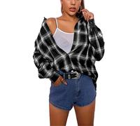 Womens Classic Plaid Shirt Long Sleeve Cotton Button Down Up Shirts Stylish Oversized Loose Fit Blouse V Neck Tops