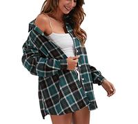 Womens Classic Plaid Shirt Long Sleeve Cotton Button Down Up Shirts Stylish Oversized Loose Fit Blouse V Neck Tops
