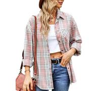 Womens Classic Plaid Shirt Long Sleeve Cotton Button Down Up Shirts Stylish Oversized Loose Fit Blouse V Neck Tops