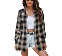 Womens Classic Plaid Shirt Long Sleeve Cotton Button Down Up Shirts Stylish Oversized Loose Fit Blouse V Neck Tops