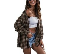 Womens Classic Plaid Shirt Long Sleeve Cotton Button Down Up Shirts Stylish Oversized Loose Fit Blouse V Neck Tops