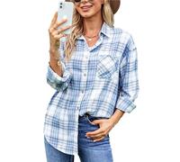 Womens Classic Plaid Shirt Long Sleeve Cotton Button Down Up Shirts Stylish Oversized Loose Fit Blouse V Neck Tops