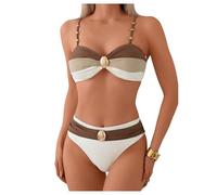 Women's Color Block Bikini Set Beaded Hawaiian Bathing Suit High Waisted Hipster Swimsuit(X-Large)