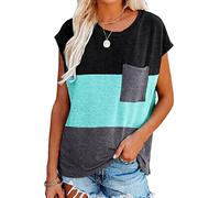 Women's Color Block Crew Neck T-Shirt Casual Loose Fit Short Sleeve Pocket tee Top Summer Beach Vacation Outfit Soft Cotton Blend Shirt for Daily Wear Trendy Fashion Top