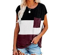 Women's Color Block Crew Neck T-Shirt Casual Loose Fit Short Sleeve Pocket tee Top Summer Beach Vacation Outfit Soft Cotton Blend Shirt for Daily Wear Trendy Fashion Top