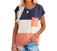 Women's Color Block Crew Neck T-Shirt Casual Loose Fit Short Sleeve Pocket tee Top Summer Beach Vacation Outfit Soft Cotton Blend Shirt for Daily Wear Trendy Fashion Top