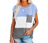 Women's Color Block Crew Neck T-Shirt Casual Loose Fit Short Sleeve Pocket tee Top Summer Beach Vacation Outfit Soft Cotton Blend Shirt for Daily Wear Trendy Fashion Top
