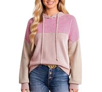 Women's Color Block Knit Hoodie Sweater Long Sleeve Ribbed Pullover Top Casual Loose Fit Fall Winter Warm Thick Knit Sweatshirt for Ladies