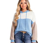 Women's Color Block Knit Hoodie Sweater Long Sleeve Ribbed Pullover Top Casual Loose Fit Fall Winter Warm Thick Knit Sweatshirt for Ladies