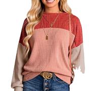 Women's Color Block Waffle Knit Sweatshirt Long Sleeve Crew Neck Pullover Casual Fall Winter Top Trendy Patchwork Sweater for Daily Wear