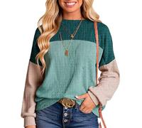 Women's Color Block Waffle Knit Sweatshirt Long Sleeve Crew Neck Pullover Casual Fall Winter Top Trendy Patchwork Sweater for Daily Wear