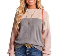 Women's Color Block Waffle Knit Sweatshirt Long Sleeve Crew Neck Pullover Casual Fall Winter Top Trendy Patchwork Sweater for Daily Wear