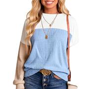 Women's Color Block Waffle Knit Sweatshirt Long Sleeve Crew Neck Pullover Casual Fall Winter Top Trendy Patchwork Sweater for Daily Wear