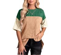 Women's Color Block Waffle Knit Top Crew Neck Short Sleeve Tunic tee Casual Loose Fit Blouse Fall Fashion Outfits for Daily Wear and Vacation