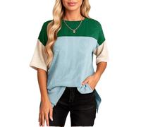 Women's Color Block Waffle Knit Top Crew Neck Short Sleeve Tunic tee Casual Loose Fit Blouse Fall Fashion Outfits for Daily Wear and Vacation