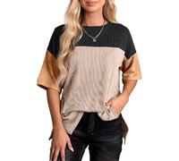 Women's Color Block Waffle Knit Top Crew Neck Short Sleeve Tunic tee Casual Loose Fit Blouse Fall Fashion Outfits for Daily Wear and Vacation