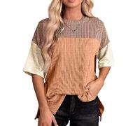 Women's Color Block Waffle Knit Top Crew Neck Short Sleeve Tunic tee Casual Loose Fit Blouse Fall Fashion Outfits for Daily Wear and Vacation