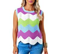 Women's Colorful Chevron Knit Tank Top Summer Round Neck Sleeveless Crochet Vest Casual Boho Beach Vacation Loose Fit Sweater Blouse for Ladies