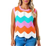 Women's Colorful Chevron Knit Tank Top Summer Round Neck Sleeveless Crochet Vest Casual Boho Beach Vacation Loose Fit Sweater Blouse for Ladies