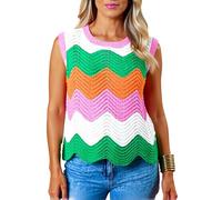 Women's Colorful Chevron Knit Tank Top Summer Round Neck Sleeveless Crochet Vest Casual Boho Beach Vacation Loose Fit Sweater Blouse for Ladies