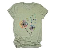 Women's Colorful Paw Print Dandelion T-Shirt Olive Green Short Sleeve Cute Animal Lover tee Summer Casual Top for Dog Mom Cat Lady Plus Size Soft Cotton