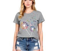 Women's Colorful Paw Print Dandelion T-Shirt Olive Green Short Sleeve Cute Animal Lover tee Summer Casual Top for Dog Mom Cat Lady Plus Size Soft Cotton