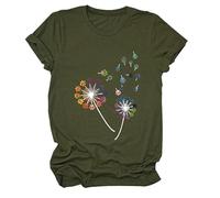 Women's Colorful Paw Print Dandelion T-Shirt Olive Green Short Sleeve Cute Animal Lover tee Summer Casual Top for Dog Mom Cat Lady Plus Size Soft Cotton