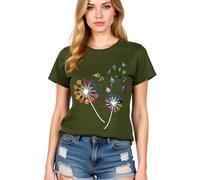 Women's Colorful Paw Print Dandelion T-Shirt Olive Green Short Sleeve Cute Animal Lover tee Summer Casual Top for Dog Mom Cat Lady Plus Size Soft Cotton