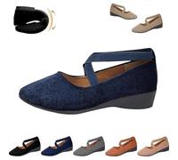 Women's Comfy Elastic Crisscross Strap Wedge Slip-On Shoes, Closed Toe Wedges Ankle Strap Flats,Elegant Suede Ballet Pumps (Navy Blue,42)