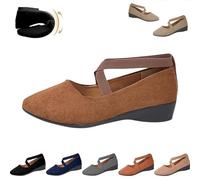 Women's Comfy Elastic Crisscross Strap Wedge Slip-On Shoes, Closed Toe Wedges Ankle Strap Flats,Elegant Suede Ballet Pumps (Brown,41)