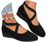 Women's Comfy Elastic Crisscross Strap Wedge Slip-On Shoes, Elegant Suede Comfy Slip-On, Pointed Toe Ballet Comfys Strap Ballerina Wedges Shoes (Black,40)