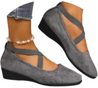 Women's Comfy Elastic Crisscross Strap Wedge Slip-On Shoes, Elegant Suede Comfy Slip-On, Pointed Toe Ballet Comfys Strap Ballerina Wedges Shoes (Gray,37)