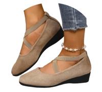 Women's Comfy Elastic Crisscross Strap Wedge Slip-On Shoes, Elegant Suede Comfy Slip-On, Pointed Toe Ballet Comfys Strap Ballerina Wedges Shoes (Khaki,39)