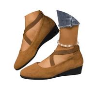 Women's Comfy Elastic Crisscross Strap Wedge Slip-On Shoes, Womens Round Toe Ballet Wedge Dress Shoe Elegant Suede Comfy Strap Ballerina Wedge Heel Footwear (Brown,37)