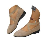 Women's Comfy Elastic Crisscross Strap Wedge Slip-On Shoes, Womens Round Toe Ballet Wedge Dress Shoe Elegant Suede Comfy Strap Ballerina Wedge Heel Footwear (Khaki,39)