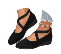 Women's Comfy Elastic Crisscross Strap Wedge Slip-On Shoes, Womens Round Toe Ballet Wedge Dress Shoe Elegant Suede Comfy Strap Ballerina Wedge Heel Footwear (Black,37)