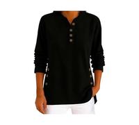 Women's Corduroy Long Sleeve Shirts,Solid Color Casual V-Neck Long-Sleeved Shirt with Buttons Comfy Trendy Basic Pullover (Black,S)