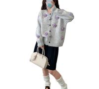 Women's Cottagecore Floral Cardigan - Embroidered Crewneck Knit Sweater for Year-Round Styling