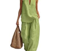 Womens Cotton and Linen 2 Piece Sets, Halter Top Matching Wide Leg Pants Set, Sleeveless Halter Neck Tops Vest Elastic Waist Palazzo for Women Summer Fashion Casual Outfits (matcha green, XXL)