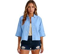 Women's Cotton Linen Double Breasted Shirt Short Sleeve Cropped Top Casual Button Down Blouse Summer Loose Fit Open Front Cardigan Jacket Black