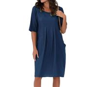 Women's Cotton Linen Dress Crew Neck Short Sleeve Flowy Summer Midi Dress with Pockets Plus Size Casual Beach(Navy,M)