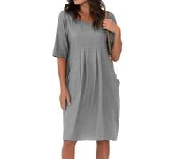 Women's Cotton Linen Dress Crew Neck Short Sleeve Flowy Summer Midi Dress with Pockets Plus Size Casual Beach(Grey,L)