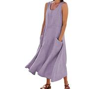 Women's Cotton Linen Dresses Solid Color Round Neck Pockets Casual Long Dress Daily Tank Dress Trendy Going out Sundress C-181