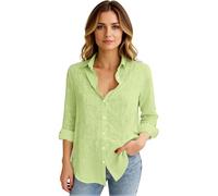 Women's Cotton Linen Hawaiian Beach Long Sleeve Collared Button Up Loose Fit Summer Vacation Blouse