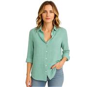 Women's Cotton Linen Hawaiian Beach Long Sleeve Collared Button Up Loose Fit Summer Vacation Blouse