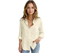 Women's Cotton Linen Hawaiian Beach Long Sleeve Collared Button Up Loose Fit Summer Vacation Blouse